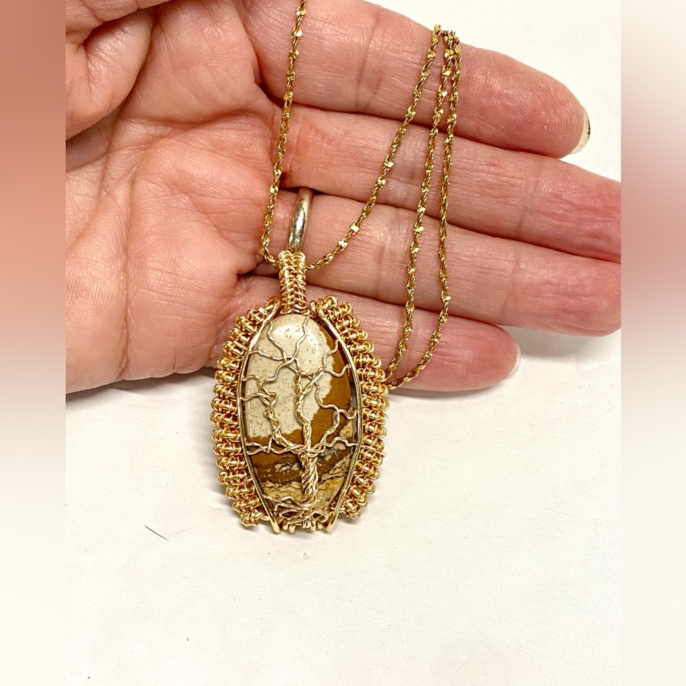 HANDMADE Picture Jasper Hand Wrapped Tree Statement Necklace, Artisan Gift Her